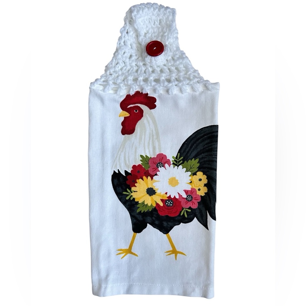 Hand Crafted Farmhouse Rooster Hanging Kitchen Hand Towel with Red Button